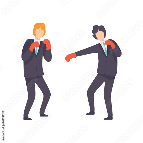Businessmen Having Fight with Boxing Gloves, Business Competition, Rivalry Between Colleagues, Office Workers Challenging Vector Illustration