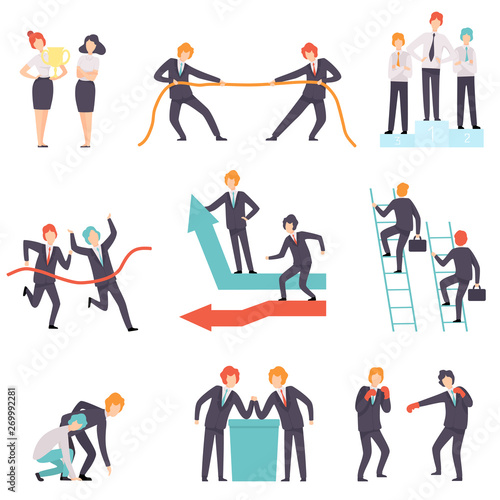 Business Competition Set, Rivalry Between Colleagues, Office Workers Challenging Vector Illustration