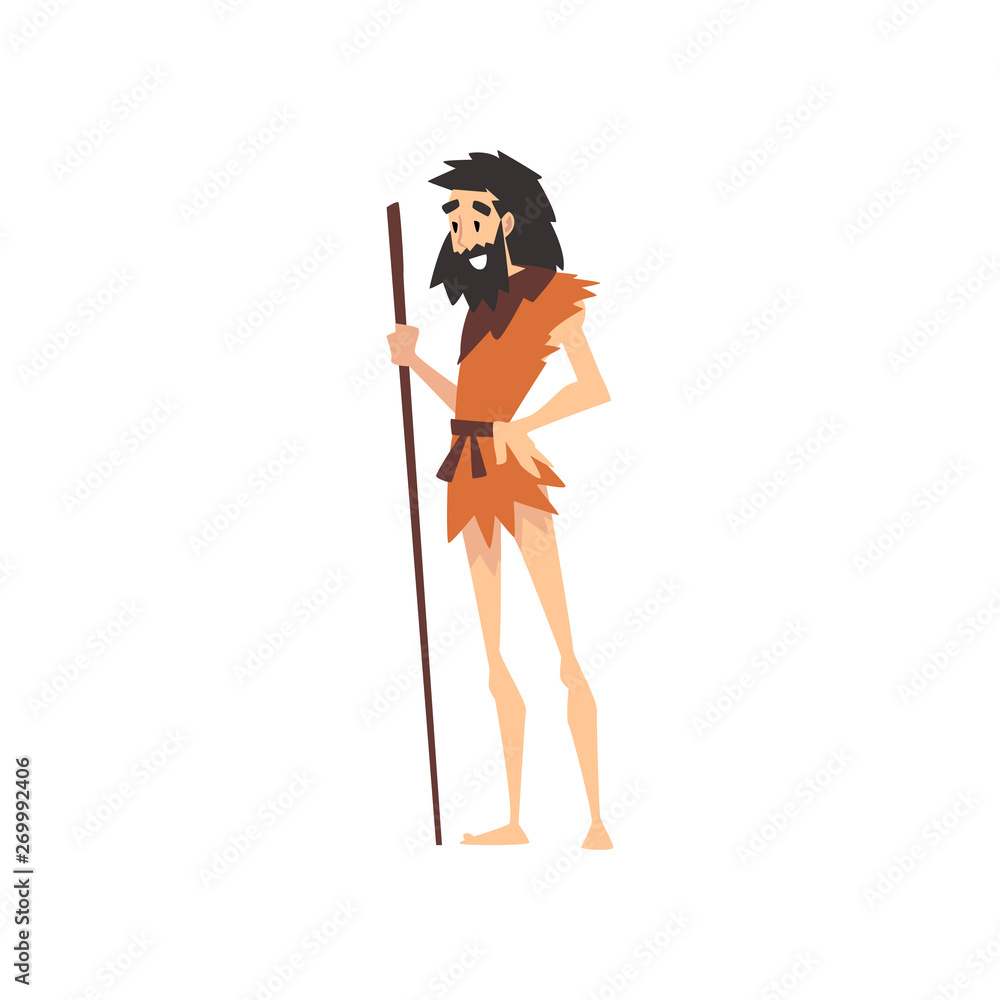 Prehistoric Bearded Man, Primitive Stone Age Caveman in Animal Pelt Cartoon Character Vector Illustration Prehistoric Bearded Man, Primitive Stone Age Caveman in Animal Pelt Cartoon Character Vector Illustration
