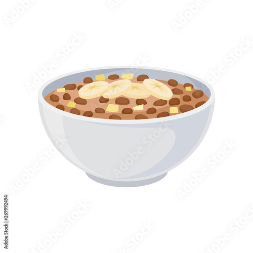Chocolate flakes in a ceramic bowl closeup. Vector illustration on white background.