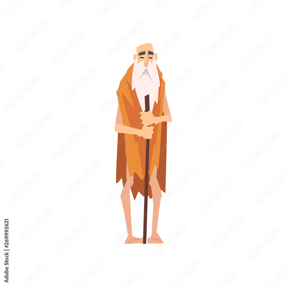 Funny Prehistoric Bearded Man, Primitive Stone Age Caveman in Animal Pelt Cartoon Character Vector Illustration