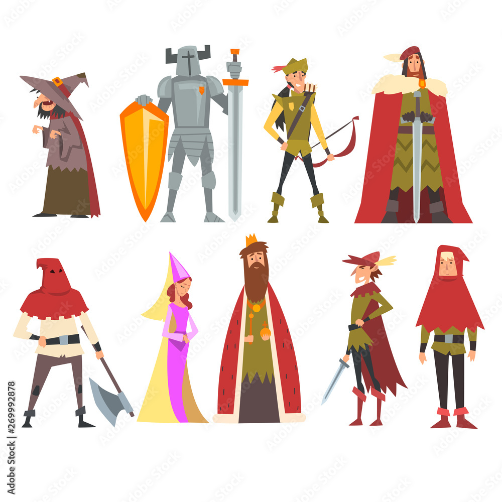 European Medieval Characters Set, Old Witch, Knight, Archer, King, Princess, Executioner, People in Historical Costumes Vector Illustration