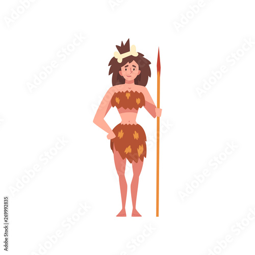 Prehistoric Girl Standing with Spear, Primitive Stone Age Cavewoman Cartoon Character Vector Illustration