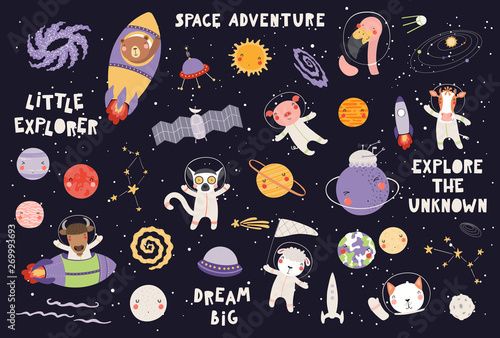 Big set of cute animal astronauts in space, with planets, stars, spaceships, quotes, on dark background. Hand drawn vector illustration. Scandinavian style flat design. Concept for children print.