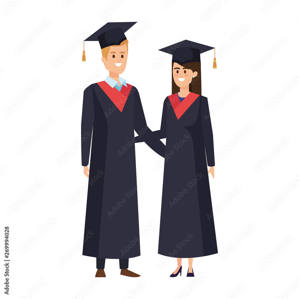 young couple students graduated characters young couple students graduated characters