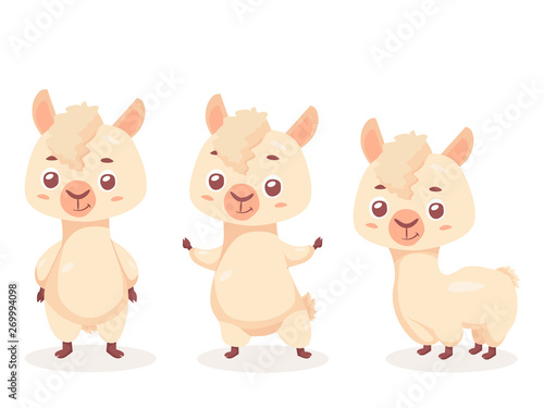 Alpaca cartoon character vector illustration SET. Cute and funny Mascot