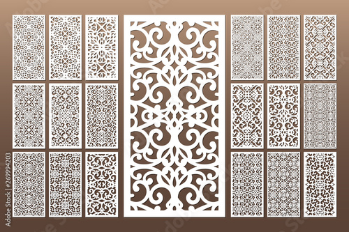 Laser cut cabinet fretwork perforated panel in arabic style. Ornamental panels template set for cutting exterior, rate 1;2. Metal, paper or wood carving. Outdoor screen.