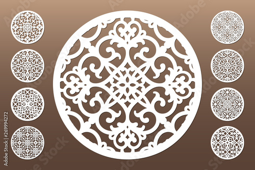 Laser cut cabinet fretwork perforated panel in arabic style. Ornamental round panels template set for cutting exterior. Openwork holders templates. Metal, paper or wood carving. Outdoor screen.