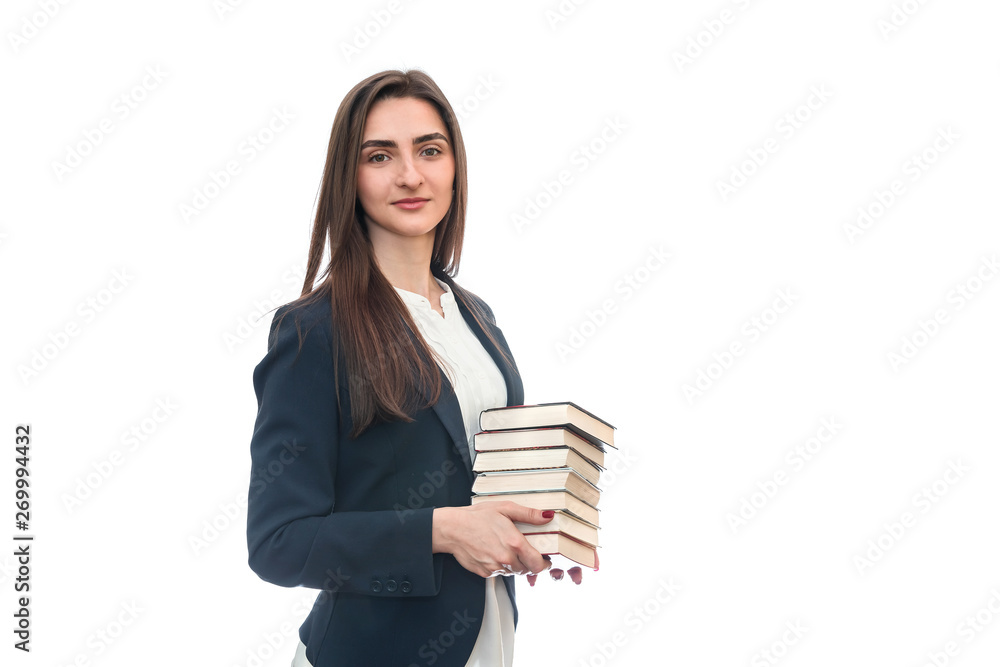 Beautiful young woman with books isolated on white Beautiful young woman with books isolated on white