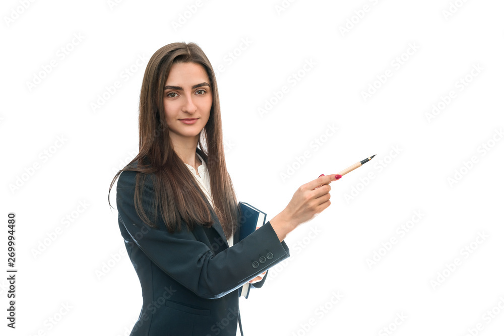 Beautiful woman with pen and book isolated on white Beautiful woman with pen and book isolated on white