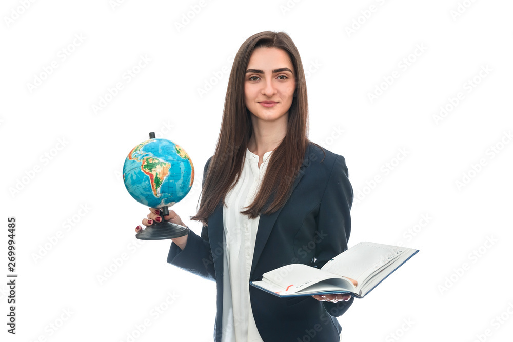 Woman with globe and notepad isolated on white Woman with globe and notepad isolated on white