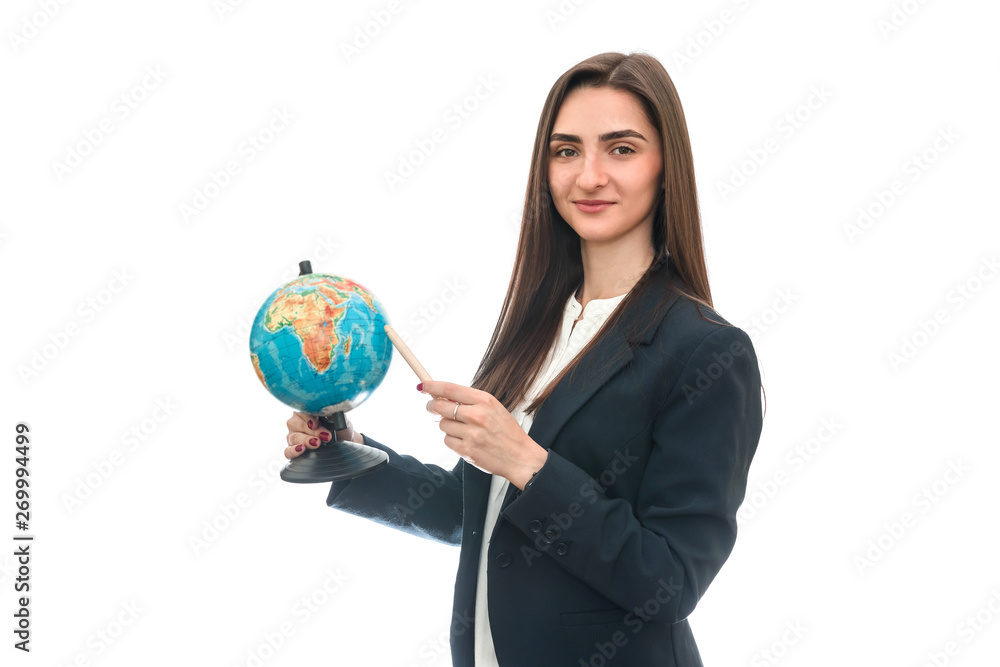 Young woman with pen and globe isolated on white Young woman with pen and globe isolated on white