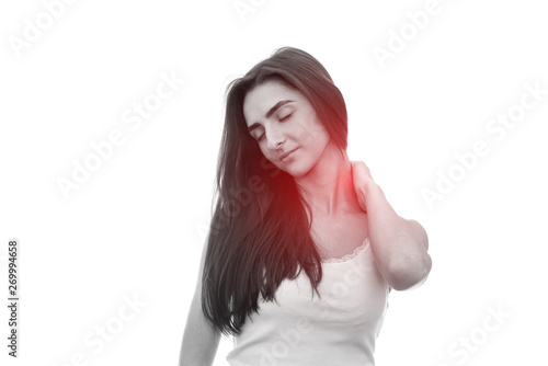 Woman with ache in neck isolated on white © RomanR