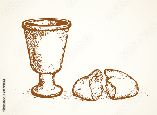 Vector symbols of Communion. Broken bread and wine in bowl