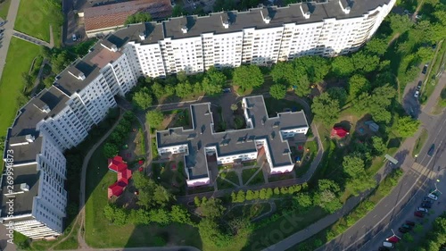 MINSK, BELARUS - MAY, 2019: Aerial drone shot view of Nemiga and Pobeditelei avenue, city centre from above photo