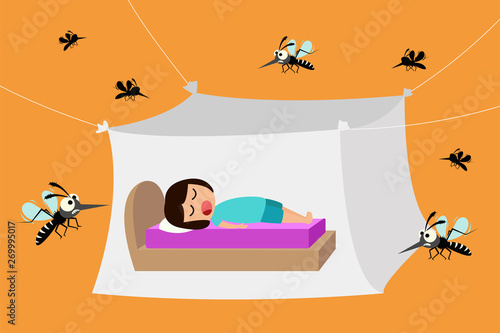 Child sleeping under mosquito net ,mosquito nets to protect from dengue fever, vector illustration
