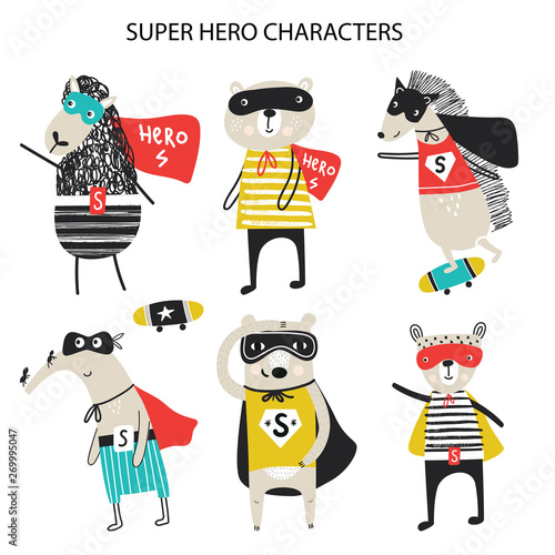 Super Hero - collection of cute and fun kids super hero animals. Vector illustration