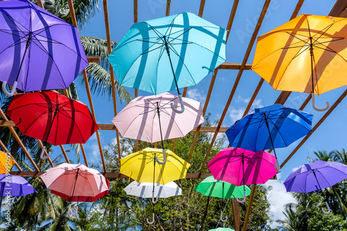 Street decorated with colored umbrellas  island Koh Phangan  Thailand