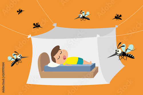 Child sleeping under mosquito net ,mosquito nets to protect from dengue fever, vector illustration