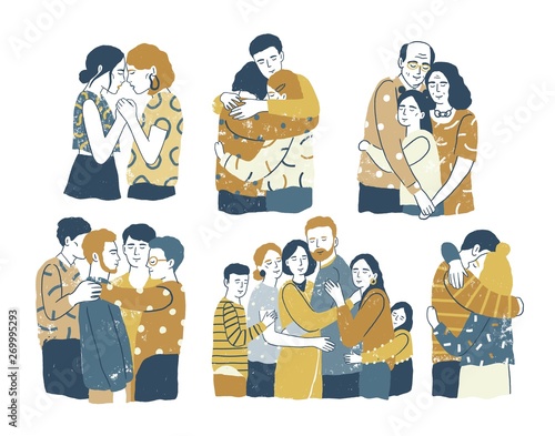 Collection of adorable smiling people standing together and hugging, cuddling and embracing each other. Acceptance, love, support among friends or family members. Flat cartoon vector illustration.