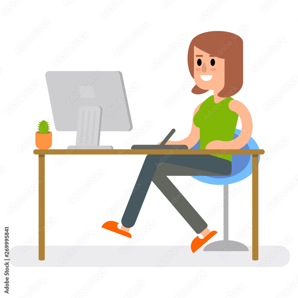 Girl freelancer vector illustration flat design work home at the computer free artist Girl freelancer vector illustration flat design work home at the computer free artist