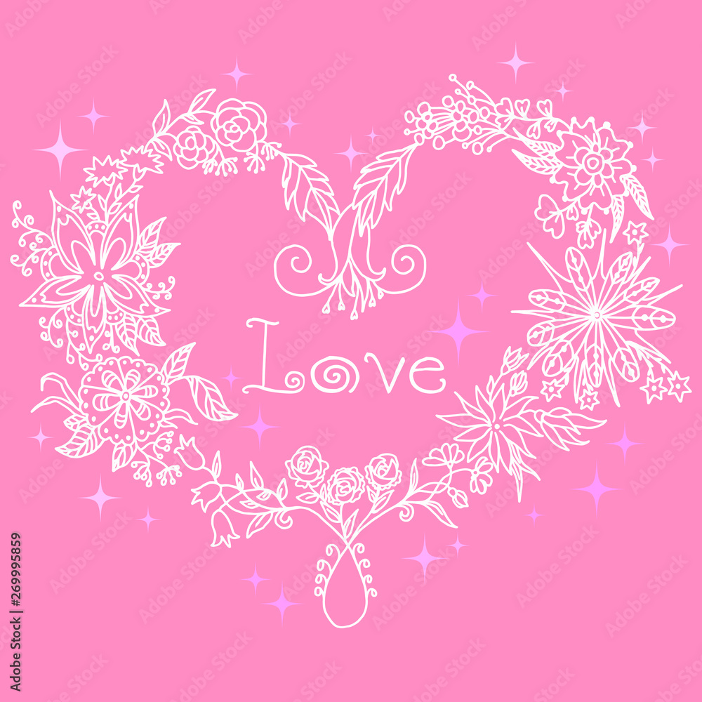 Heart of flowers vector text love inscription greeting card wedding anniversary