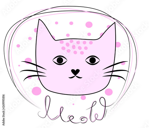 funny cat girl face in a flower chain, with text Meow. Isolated objects