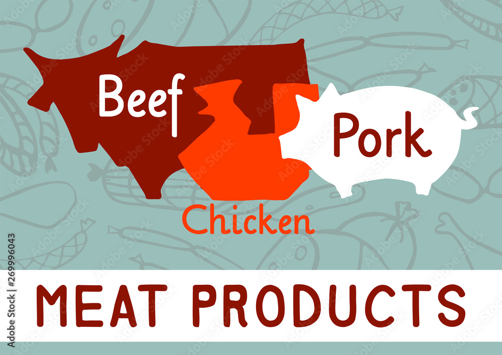 Obraz premium Meat products silhouette cow chicken pig vector illustration hand drawing advertisement