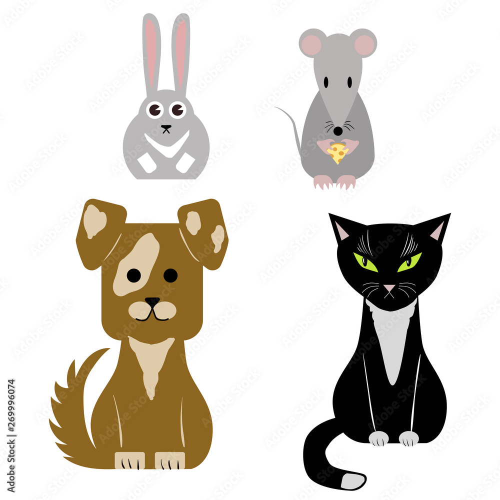 Fototapeta premium Animals set flat design vector hare mouse dog cat