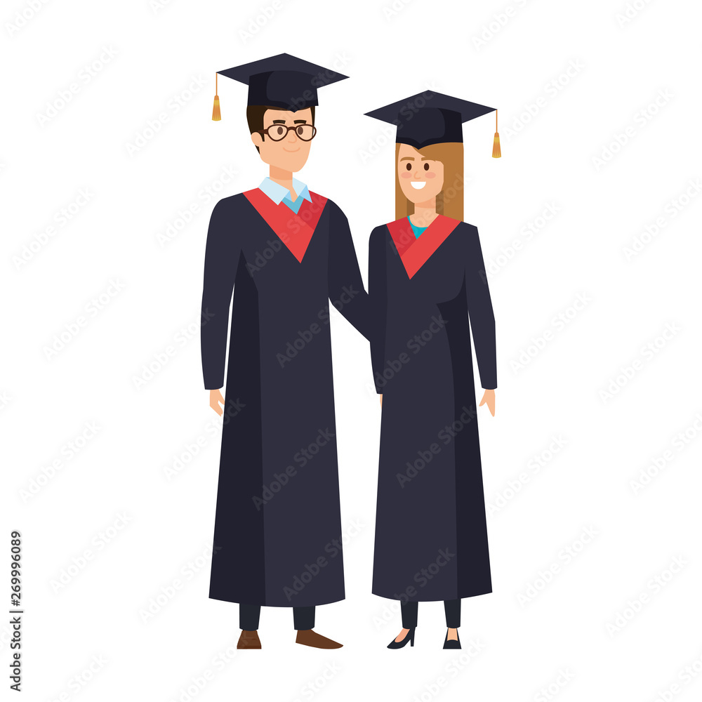 young couple students graduated characters young couple students graduated characters