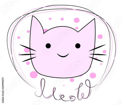 funny cat girl face in a flower chain, with text Meow. Isolated objects