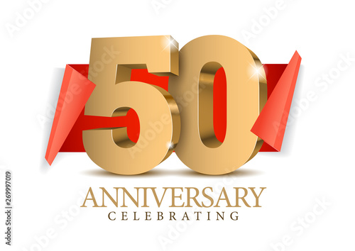 Anniversary 50. gold 3d numbers. Poster template for Celebrating 50th anniversary event party. Vector illustration