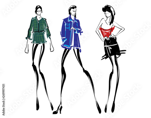 Fashion models sketch hand drawn , stylized silhouettes isolated.Vector fashion illustration set.