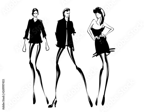 Fashion models sketch hand drawn , stylized silhouettes isolated.Vector fashion illustration set.