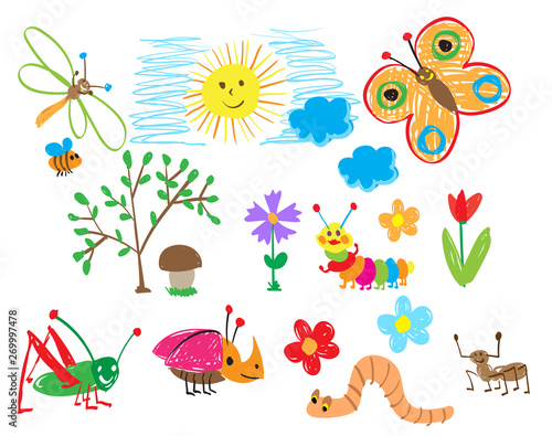 Children s drawings of insects  the sun and flowers. The child draws summer.