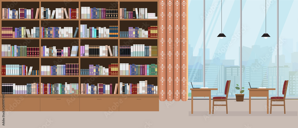 Modern library interior with grand bookshelf and large window with cityscape on background. Vector illustration.