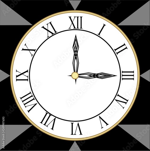 Minimalist designed clock with roman numbers in cubist style, black and gray polygonal design, clock face with thin gold frame, vector illustration