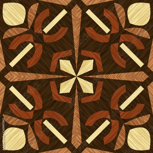 Wood inlay tile, wooden textured patterns, geometric decorative ornament in light and dark types of wood, wood art object, vector design