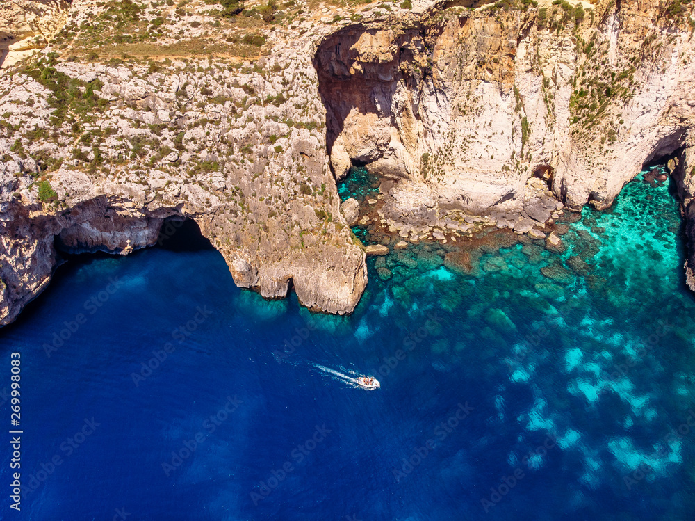 Blue Grotto in Malta. Aerial top view from Mediterranean Sea