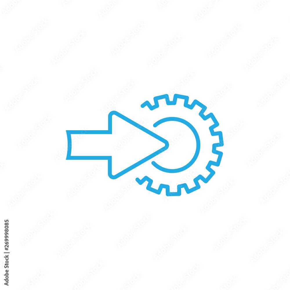 Gear and right blue arrow. Vector flat illustration for technology or innovation. Technology pictogram. Gear Integration. Gear and right blue arrow. Vector flat illustration for technology or innovation. Technology pictogram. Gear Integration.