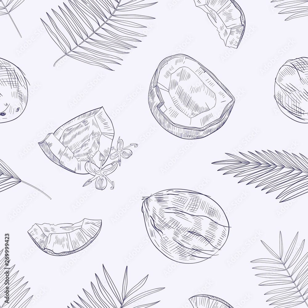 Monochrome seamless pattern with ripe fresh cracked coconuts, blooming flowers and palm tree leaves hand drawn with contour lines on light background. Tropical vector illustration for wrapping paper.