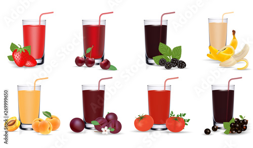 Fresh fruit and vegetable juice in glass. Set of vector icons.