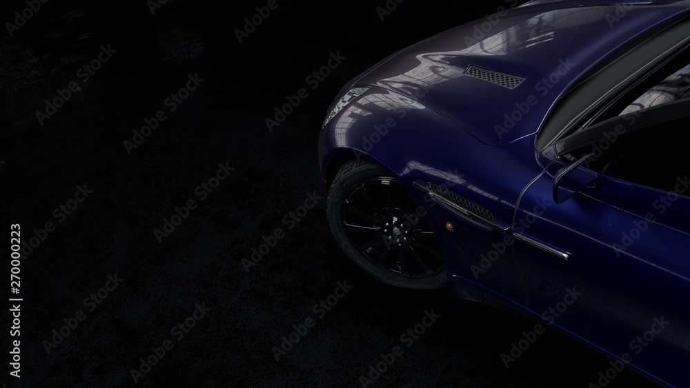 Front up view of blue car on dark background 3d rendering