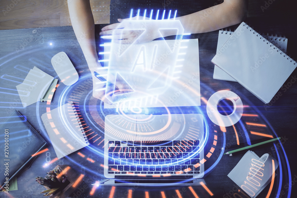Multi exposure of writing hands on background with data solution hologram. Technology concept. Multi exposure of writing hands on background with data solution hologram. Technology concept.