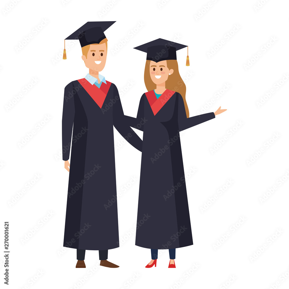 young couple students graduated characters young couple students graduated characters