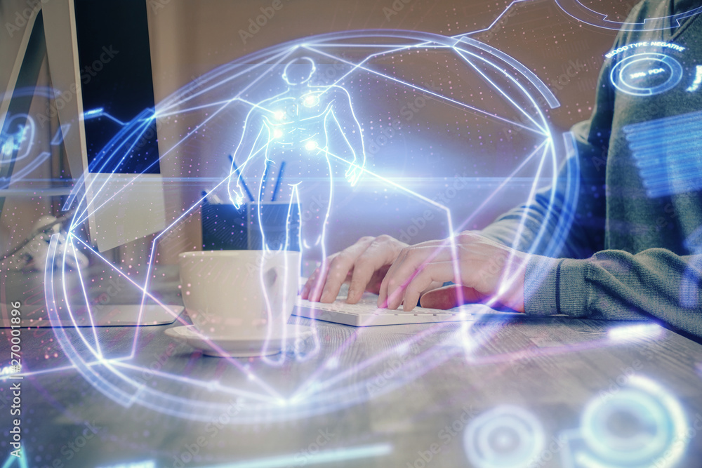 Science hologram with man working on computer on background. Concept of study. Double exposure. Science hologram with man working on computer on background. Concept of study. Double exposure.