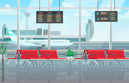 Airport lounge interior, waiting hall with red chairs, information panels