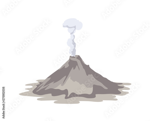 Active volcano erupting and emitting smoke cloud from crater isolated on white background