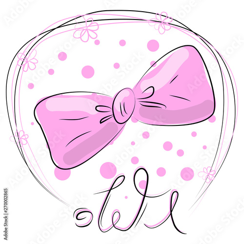 funny cat girl face in a flower chain, with text Meow. Isolated objects