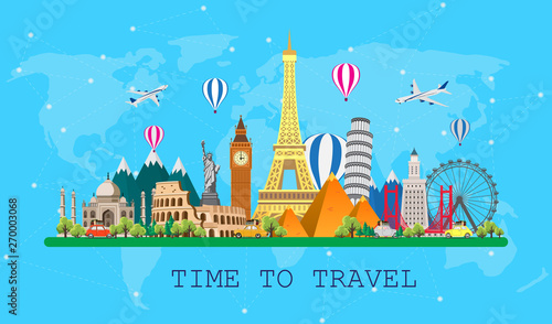Travel to World. Road trip. Big set of famous landmarks of the world. Time to travel, tourism, summer holiday. Different types of journey. Flat design vector illustration